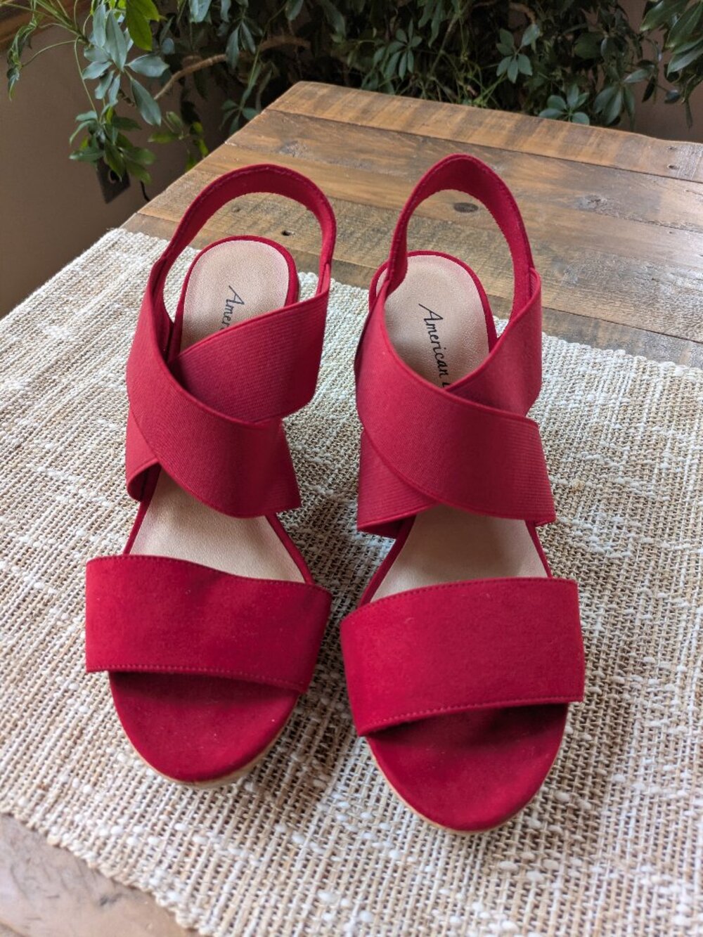 american eagle red elastic strap suede cross front cork wedges #544